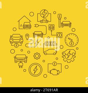 Electric Cars round vector illustration in linear style on yellow background Stock Vector