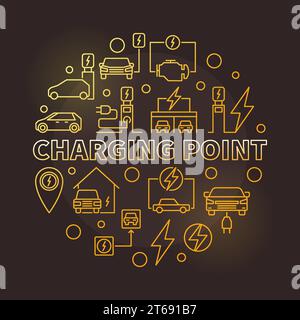 Charging point round vector golden illustration made with charging stations and electric cars outline icons on dark background Stock Vector