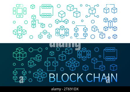 Block Chain vector colored banners set. Blockchain illustration in thin line style Stock Vector