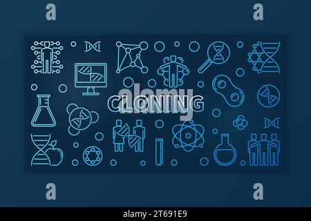 Cloning blue concept thin line banner - vector horizontal linear illustration on dark background Stock Vector