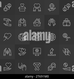 Donation and volunteer vector icons collection in thin line style on dark background Stock Vector