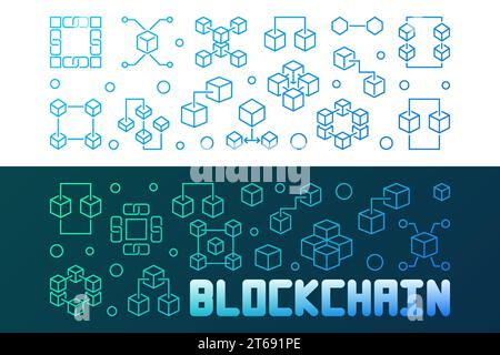 Blockchain technology colored linear banners set. Vector modern illustration in thin line style Stock Vector