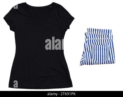 black Tshirt and striped pants on a white background Stock Photo