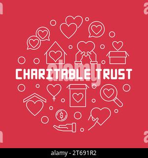 Charitable trust round vector white outline illustration on red background Stock Vector