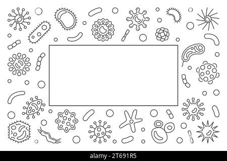 Microorganisms horizontal frame. Vector microbiology outline illustration made with bacteria concept icons Stock Vector