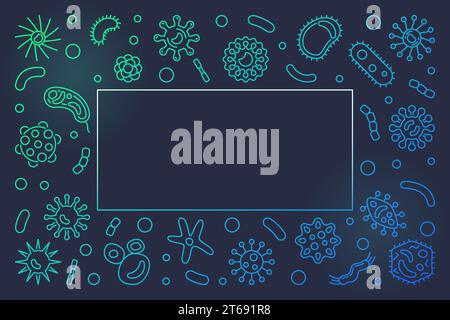 Microorganisms horizontal colorful frame with place for your text. Vector microbiology outline illustration made with bacteria concept icons Stock Vector