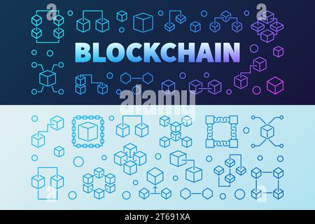 Vector Blockchain creative banners set. Block chain illustration in thin line style Stock Vector