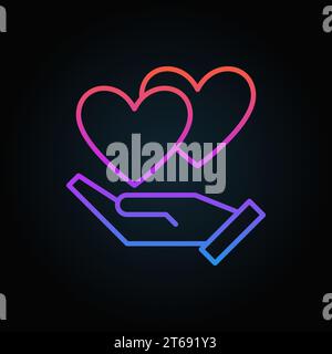 Hand with hearts vector colored icon in thin line style on dark background Stock Vector