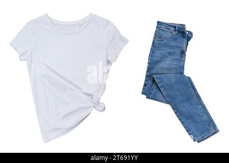Empty white tshirt and blue denim on white background, black t-shirt mock up and blue jeans, blank t shirt Stock Photo