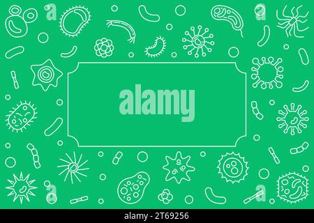 Bacteria and Viruses horizontal background - vector frame in thin line style on green background Stock Vector