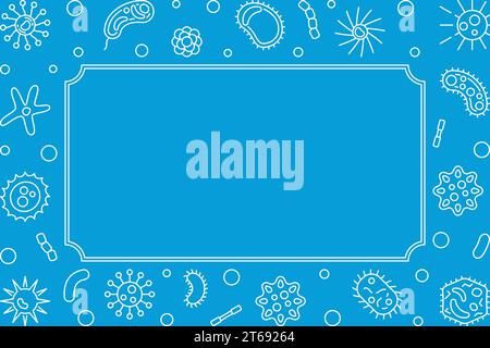 Virology horizontal frame or background. Vector concept illustration in thin line style on blue background Stock Vector
