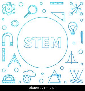 STEM blue square frame. Vector science concept illustration in thin line style on white background Stock Vector