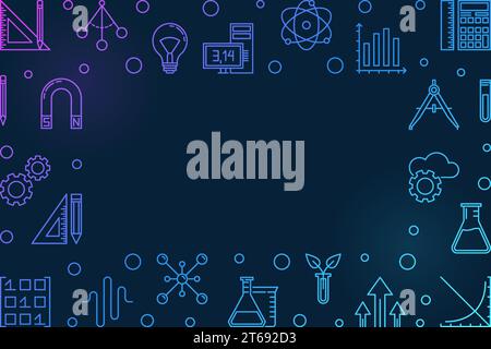 STEM blue horizontal frame with empty space for text. Vector education bright illustration in thin line style on dark background Stock Vector