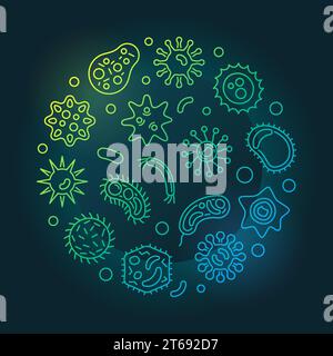 Bacterial cells round vector bright outline illustration made with microbes and bacterium icons on dark background Stock Vector