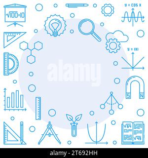 STEM learning blue frame on white background. Vector science technology engineering math concept illustration in thin line style Stock Vector