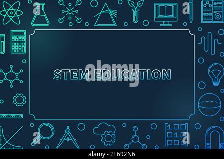 STEM blue horizontal frame with empty space for text. Vector science creative outline illustration on dark background Stock Vector