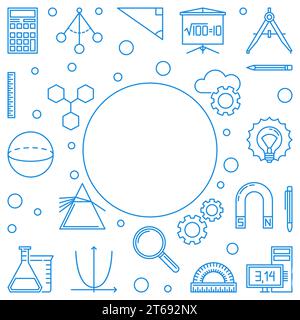 STEM minimal frame. Vector Science, Technology, Engineering and Math concept blue outline illustration on white background Stock Vector
