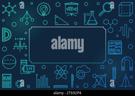 STEM blue horizontal frame with place for your text. Vector concept illustration in thin line style on dark background Stock Vector