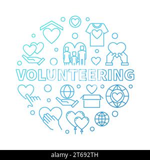 Volunteering round vector blue illustration in thin line style on white background Stock Vector