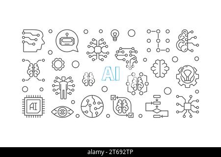 AI concept horizontal illustration. Artificial Intelligence vector outline banner Stock Vector