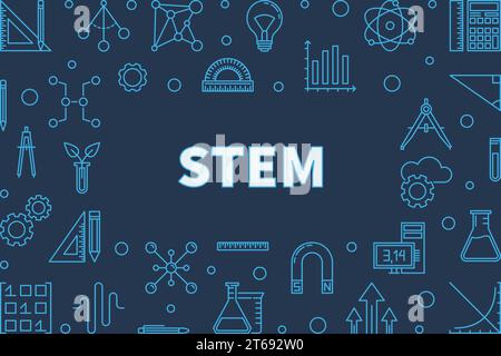 Science, technology, engineering and math blue creative horizontal frame. Vector STEM concept outline illustration Stock Vector