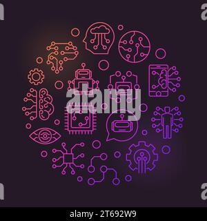 Future round vector creative illustration in thin line style. Machine learning, AI and innovation circular symbol on dark background Stock Vector