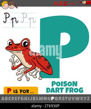 Educational cartoon illustration of letter P from alphabet with poison dart frog animal character Stock Vector