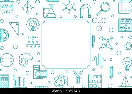 Science, Technology, Engineering and Mathematics blue frame. Vector STEM concept illustration in thin line style Stock Vector