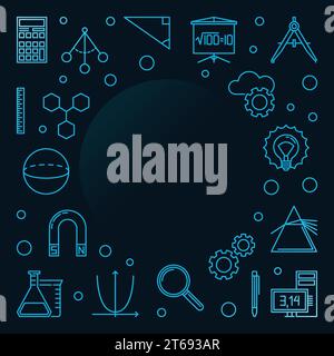 Science, Technology, Engineering and Mathematics blue square frame. Vector STEM concept outline illustration on dark background Stock Vector