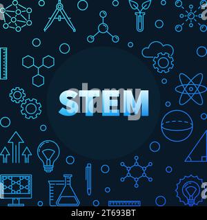 Science, technology, engineering and math blue outline square frame. Vector STEM concept illustration in thin line style on dark background Stock Vector