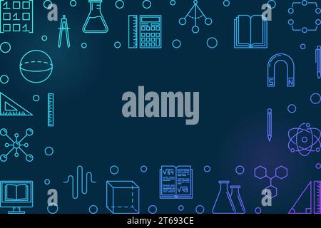 STEM learning blue creative horizontal frame. Vector science concept illustration in thin line style on dark background Stock Vector