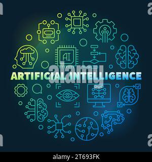 Artificial Intelligence round creative line illustration. AI technology vector outline icons in circle shape on dark background Stock Vector