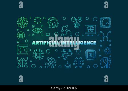Artificial Intelligence concept vector outline colorful horizontal illustration or banner on dark background Stock Vector