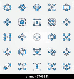Blockchain blue vector icons set. Block chain technology and cryptocurrency creative symbols or logo elements Stock Vector