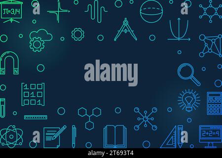 Science, technology, engineering and math blue horizontal frame. Vector STEM creative illustration in outline style on dark background Stock Vector