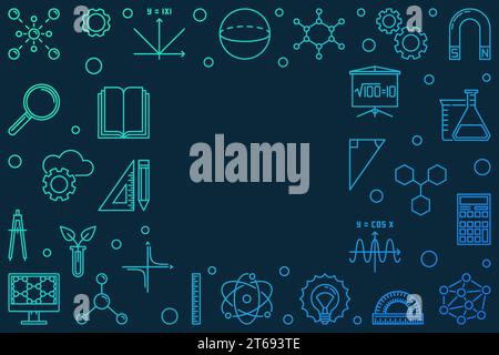 Science, Technology, Engineering and Mathematics colored horizontal frame. Vector STEM concept outline illustration on dark background Stock Vector