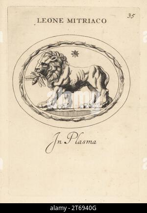 Lion of Mithras with a bee in its mouth. Cult of Mithras, inspired by the Zoroastrian Sun god Mithra. Out of the strong came forth sweetness. Leone Mitriaco in plasma. Copperplate engraving by Giovanni Battista Galestruzzi after Leonardo Agostini from Gemmae et Sculpturae Antiquae Depicti ab Leonardo Augustino Senesi, Abraham Blooteling, Amsterdam, 1685. Stock Photo