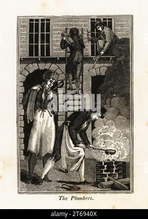 Plumbers fixing lead pipes on a building site. One man in an apron and hat heats lead in a ladle over a fire, another brings pipes and a ladle, and other climb ladders to fix guttering outside a building. Woodblock engraving from The Book of English Trades, or Library of Useful Arts, F.C.& J. Rivington, London, 1821. Stock Photo