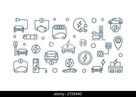 All-electric car horizontal banner. Vector illustration made with electric car outline icons Stock Vector