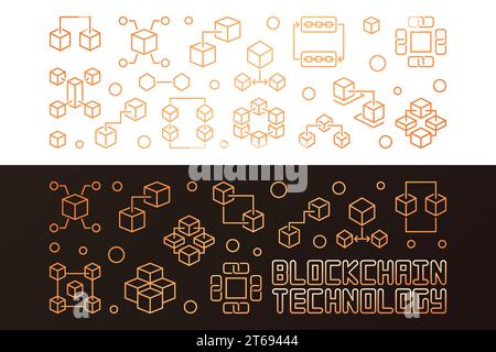 Blockchain technology colored golden horizontal banners in thin line style. Vector illustration Stock Vector