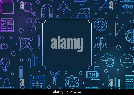 Science, Technology, Engineering and Mathematics creative horizontal frame. Vector STEM colored outline illustration style on dark background Stock Vector