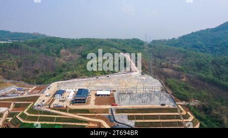 (231109) -- JAKARTA, Nov. 9, 2023 (Xinhua) -- This aerial photo taken on Nov. 9, 2023 shows the booster station of Cirata floating solar plant in West Java Province, Indonesia. Indonesian President Joko Widodo on Thursday inaugurated Southeast Asia's largest floating solar plant, which occupies an area of 250 hectares above the Cirata Reservoir in West Java Province. Spread over the reservoir surface with more than 340,000 solar panels, the 192-megawatt-peak capacity power plant can produce 300 million kilowatt hours of energy annually, complementing the hydropower generation available in th Stock Photo