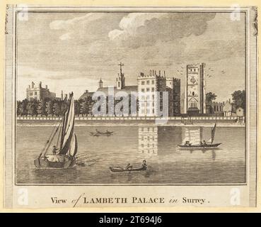 View of Lambeth Palace in Surrey., 18th century. Gothic-revival style residence of the Archbishop of Canterbury. With boats on the River Thames in the foreground. Copperplate engraving by John Taylor from William Thorntons New History and Survey of London, published by Alexander Hogg at the Kings Arms, 16 Paternoster Row, London, 1784. Stock Photo