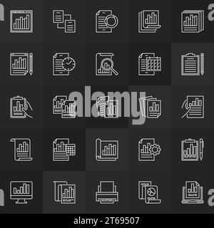Business report linear icons set. Vector collection or documents and reports signs in thin line style on dark background Stock Vector