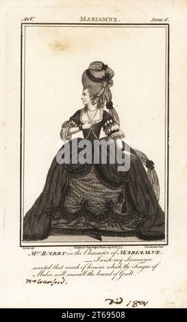 Mrs Ann Barry in the character of Athenais in Nathaniel Lees Theodosius, Kings Theatre, 1766. Ann Street, 1734-1801, was a leading actress of the 18th century appearing as Mrs Dancer and later Mrs. Barry and Mrs Crawford. Copperplate engraving by J. Thornthwaite after an illustration by James Roberts from Bells British Theatre, Consisting of the most esteemed English Plays, John Bell, London, 1776. Stock Photo
