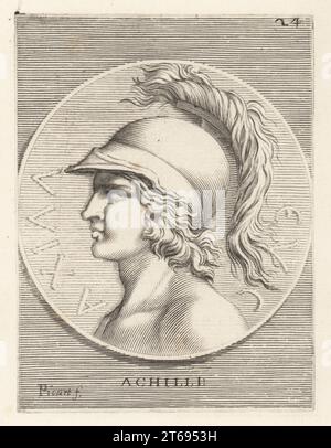 Achilles, son of the Nereid Thetis and Peleus, king of Phthia, hero of the Trojan War, greatest of all the Greek warriors and the central character of Homer's Iliad. Image of a young man in a helmet with crest from a bronze coin with a horse on the reverse. Achille. Copperplate engraving by Etienne Picart after Giovanni Angelo Canini from Iconografia, cioe disegni d'imagini de famosissimi monarchi, regi, filososi, poeti ed oratori dell' Antichita, Drawings of images of famous monarchs, kings, philosophers, poets and orators of Antiquity, Ignatio deLazari, Rome, 1699. Stock Photo