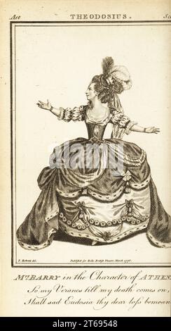 Mrs. Ann Barry in the character of Athenias in Nathaniel Lees Theodosius. Copperplate engraving by after an illustration by James Roberts from Bells British Theatre, Consisting of the most esteemed English Plays, John Bell, London, 1780. Stock Photo