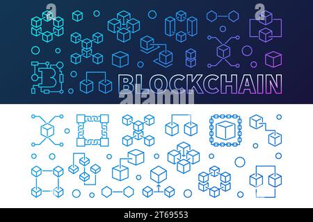Blockchain cryptocurrency outline colored banners set. Block chain vector illustration in thin line style Stock Vector