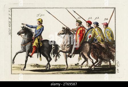 Officer and soldiers of Guy I, Count of Ponthieu, 11th century. Officer 90 and cavalry 91-94. Common soldiers were dressed in shirt, short pants (culottes) and shoes. They had a sword hanging from the belt, and wore hats 91, 92, 93, 94. The shields were painted with various heraldic figures. Handcolored copperplate engraving from Robert von Spalart's Historical Picture of the Costumes of the Principal People of Antiquity and Middle Ages, Vienna, 1802. Stock Photo