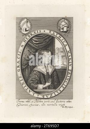 Bathsua Reginald Makin, c.1600-1675, English woman teacher, linguist and feminist. Critic of woman's position in the domestic and public spheres in 17th-century England. Skilled in Greek, Latin, Hebrew, German, Spanish, French and Italian. Bathsua Makin Princip Elizab Latinis Graecis & Hebraeis. Fascimile from an almost unique print by William Marshall. Copperplate engraving from Samuel Woodburns Gallery of Rare Portraits Consisting of Original Plates, George Jones, 102 St Martins Lane, London, 1816. Stock Photo